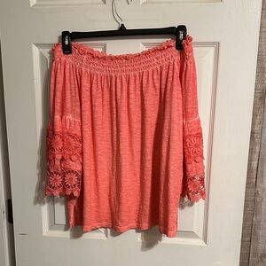 Coral Off-the-Shoulder Crochet Sleeve Top